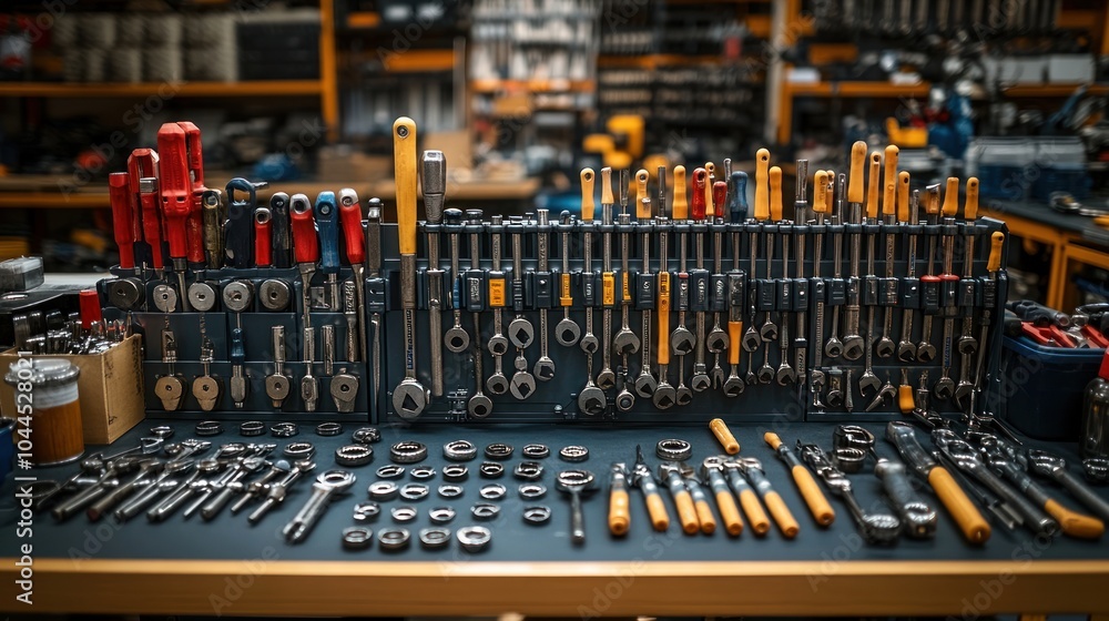Aufkleber organized display of various tools for mechanical work.
