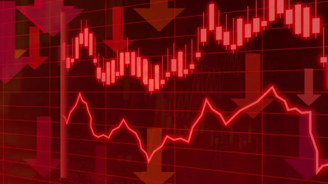 An animated depiction of a financial market crash, featuring red and blue fluctuating line graphs and bar charts, illustrating stock market volatility, declining trends, and economic instability.