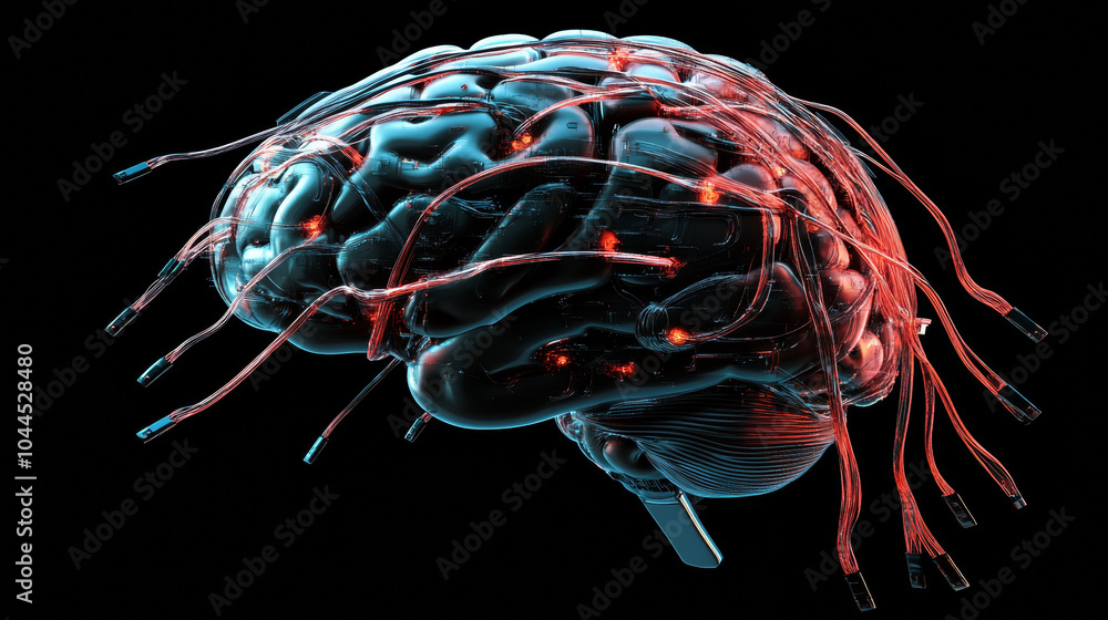 Poster a computer brain, shown in 3d, with wires and artificial intelligence technology.