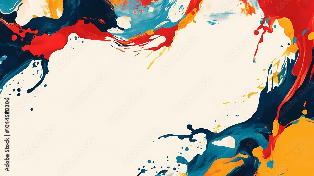 Poster abstract colorful paint splatters on a white background with copy space.