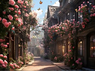 Fototapeta premium A charming street scene featuring buildings draped in lush pink roses, enhancing the beauty of the urban landscape.