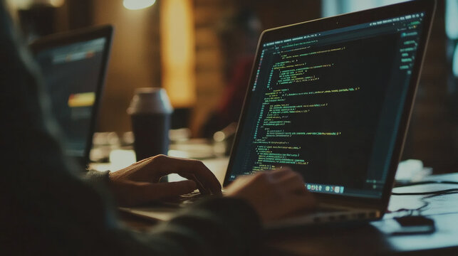 Someone is coding on a laptop. This image shows the work of software developers and is great for representing anything related to technology, like websites or computer programs.