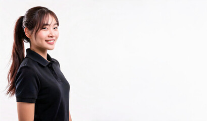 A portrait of a smiling Asian woman with a ponytail wearing a black polo shirt against a white background.