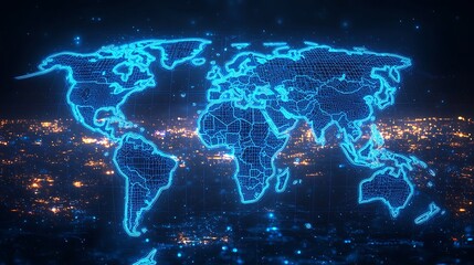 Global Connectivity: A luminous blue outline of the world map glows against a backdrop of twinkling city lights.