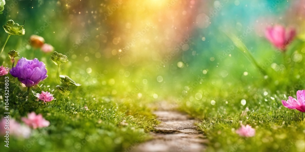 Poster a beautiful, lush green field with a path leading through it