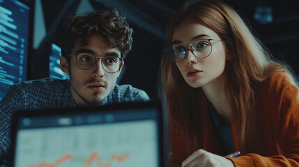 A man and a woman, both working in business, talk about a financial report. They are young professionals working in a modern company that deals with money.