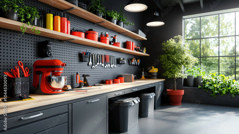 Poster stylish and functional workshop design featuring modern tools and greenery for a productive workspac