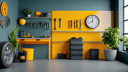 A modern and organized workshop space with essential tools and accessories for creative projects