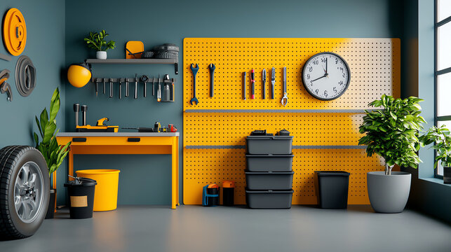 A modern and organized workshop space with essential tools and accessories for creative projects
