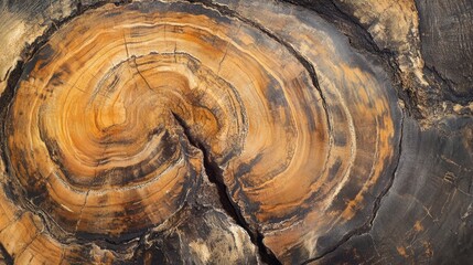 Natural Wood Texture Background of Brown Tree Stump with Age Rings and Wood Grain Patterns