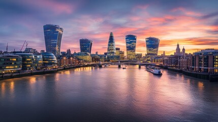 A vibrant cityscape of London at sunset, showcasing modern skyscrapers along the River Thames.