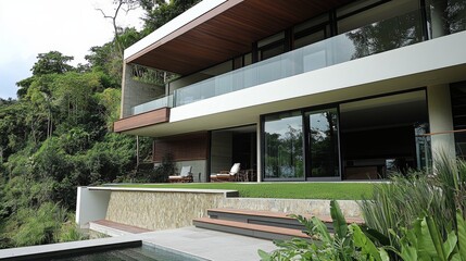 Fototapeta premium Modern house with large glass windows and a terrace, surrounded by lush greenery.