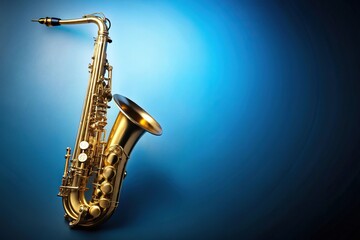 Naklejka premium Shiny saxophone on left side against blue background with copy space