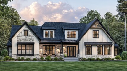 Obraz premium A modern house with a combination of stone and siding, set in a landscaped environment.