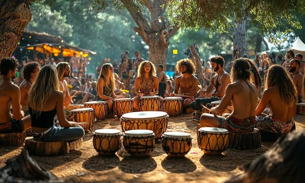 A vibrant drum circle gathering in a natural setting.