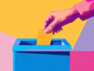 Surreal Poster Design: A Hand Depositing Crisp Paper into a Geometric Blue Box, Enhanced by Vibrant Pink and Yellow - Perfect for Modern Sporty Interiors