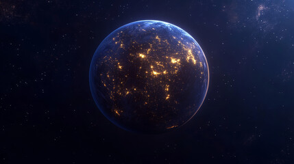 Obraz premium From space, Earth looks like a glowing planet at night. The bright lines show how people connect and communicate, representing business, finance, and the internet.