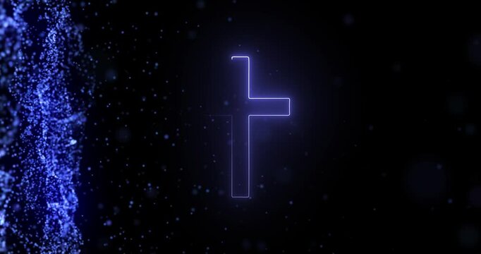 Animated, symbol and cross in center for christian faith, religion and belief with icon by dark background. Space, particles and neon with worship for god, jesus and christianity praise with hologram
