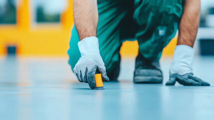 A construction worker measuring a floor with a yellow tool, wearing gloves and green overalls in a warehouse with vibrant background.
