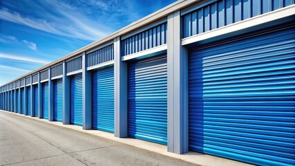 Fototapeta premium Self-storage units with blue doors and shutters in focus, with shallow depth of field