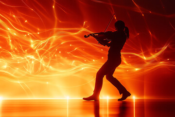 Electric violinist playing energetically on a modern stage