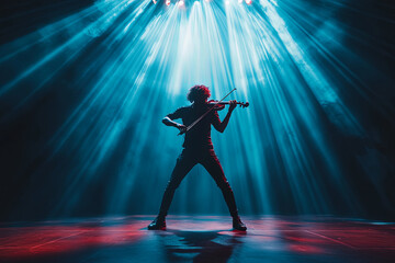 Electric violinist playing energetically on a modern stage