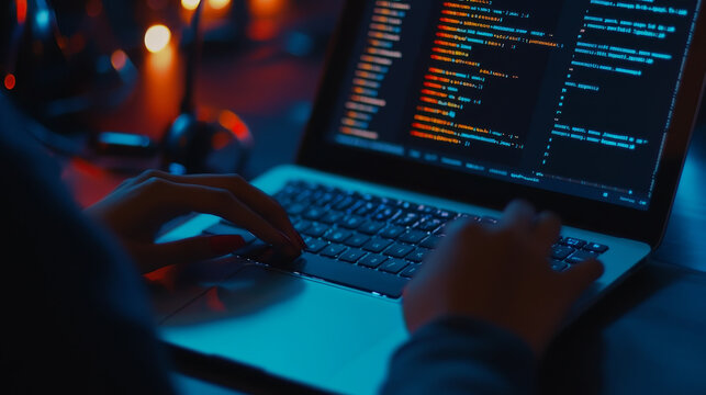 Someone is coding on a laptop. This image shows the work of software developers and is great for representing anything related to technology, like websites or computer programs.