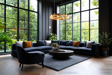 Modern living room with elegant design and abundant natural light surrounded by lush greenery