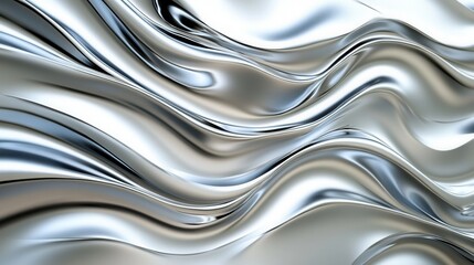 Abstract flowing metallic textures with smooth, shiny surfaces in silver and platinum tones.