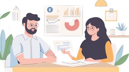 Fototapeta premium A man and a woman, both working in business, talk about a financial report. They are young professionals working in a modern company that deals with money.
