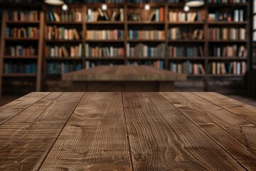 Empty wooden table in library. Mockup for design  Empty wooden table in library. Mockup for design