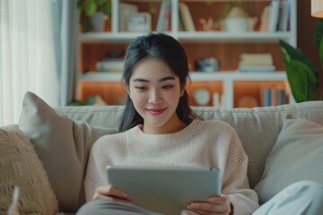 Happy woman using tablet on sofa  Asian beauty  empty screen.