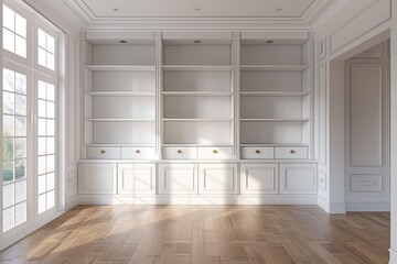 Empty house living room with white lacquered wooden bookcase.