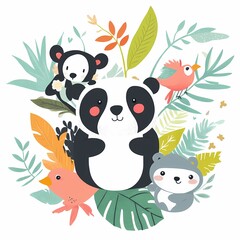 Fototapeta premium Cute panda with two birds and two bears in a lush jungle.