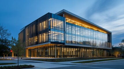 Obraz premium A contemporary office building with a sleek glass façade and geometric shapes, it showcases innovation in commercial architecture.