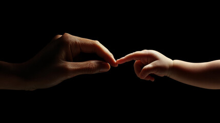 A tiny baby hand grasps its mother's finger. This shows the close bond between a parent and their newborn child, full of love, care, and protection.