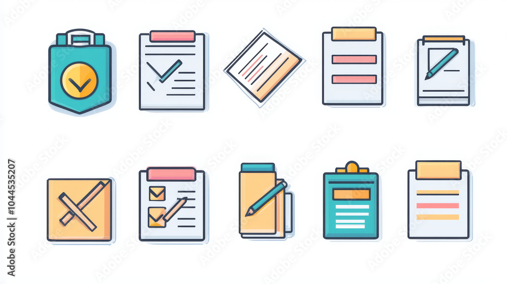 Poster a collection of checklist icons. these include clipboards with checkboxes, documents with checkmarks