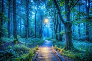 Fototapeta premium Serene forest path illuminated by blue light, tranquil atmosphere