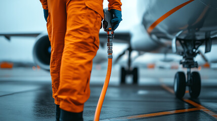 A ground crew member in orange overalls connects a fuel line to an aircraft on the tarmac at an airport, readying it for departure.