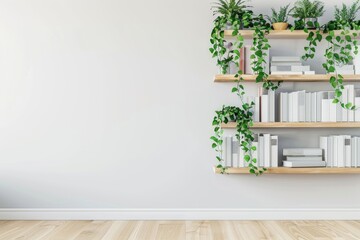 White bookshelf with plants and folders over white wall  empty space