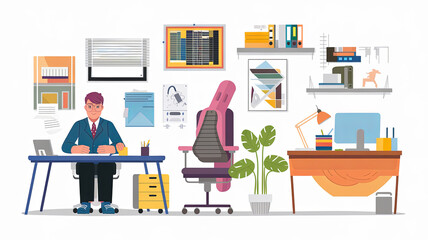 Fototapeta premium modern office scene featuring man sitting at desk, surrounded by stylish furniture and decor. workspace includes plants, shelves, and various office supplies, creating productive atmosphere
