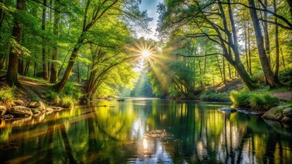 Fototapeta premium Serene forest scenery with sunlight filtering through trees onto tranquil river in lush landscape