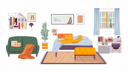 cozy minimal room featuring green sofa, bed with colorful bedding, and stylish desk. decor includes plants, artwork, and warm color palette, creating welcoming atmosphere