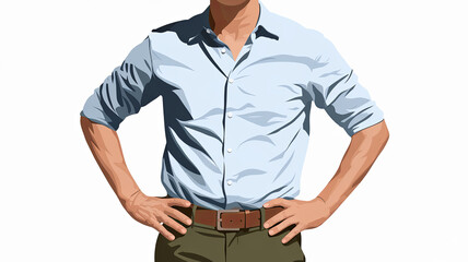 minimal illustration of person standing confidently with hands on hips, wearing light blue shirt and green pants. design emphasizes casual yet assertive posture