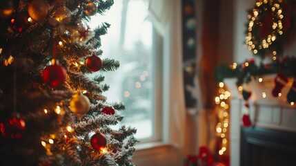 A warm Christmas scene with beautifully decorated trees, garlands and twinkling lights conveys the warmth and festive spirit of the holiday season.