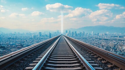 Fototapeta premium A mesmerizing view of railway tracks extending towards a city skyline under a vibrant sky, symbolizing a journey or exploration.
