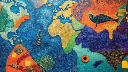 A vibrant mosaic world map showcasing diverse continents and marine life in artistic colors.