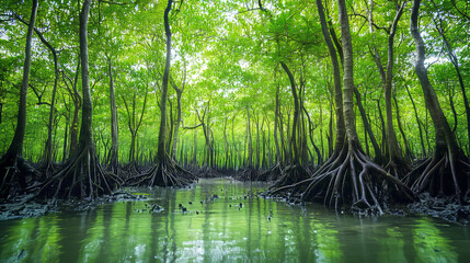Looking up at a lush green mangrove forest, we see nature's way of fighting climate change. These trees naturally absorb carbon dioxide, helping us create a greener and more sustainable world.