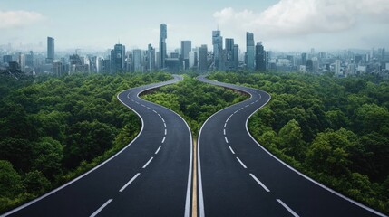 A winding road splits, leading to a vibrant city skyline surrounded by lush greenery under a cloudy sky.