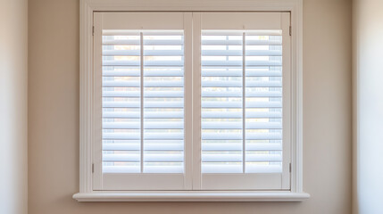 A modern window with white wooden shutters on a clean wall, bringing light into a minimalist room, showcasing contemporary design elements.